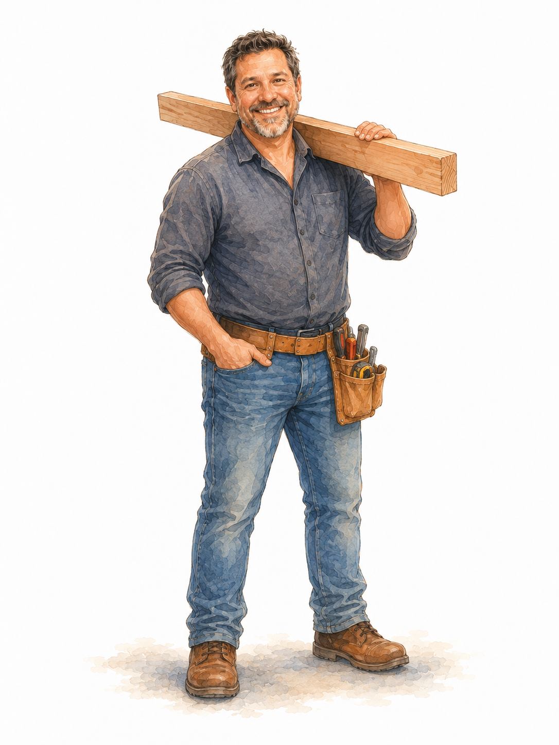 Illustration of a friendly carpenter holding a board on his shoulder and wearing a tool belt